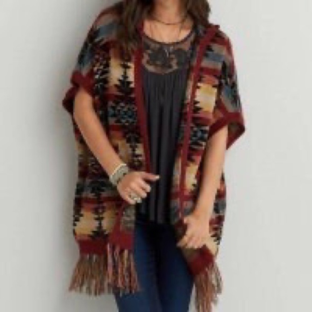American Eagle Southwest Fringe Trim Hooded Open Blanket Cardigan Sweater Medium
